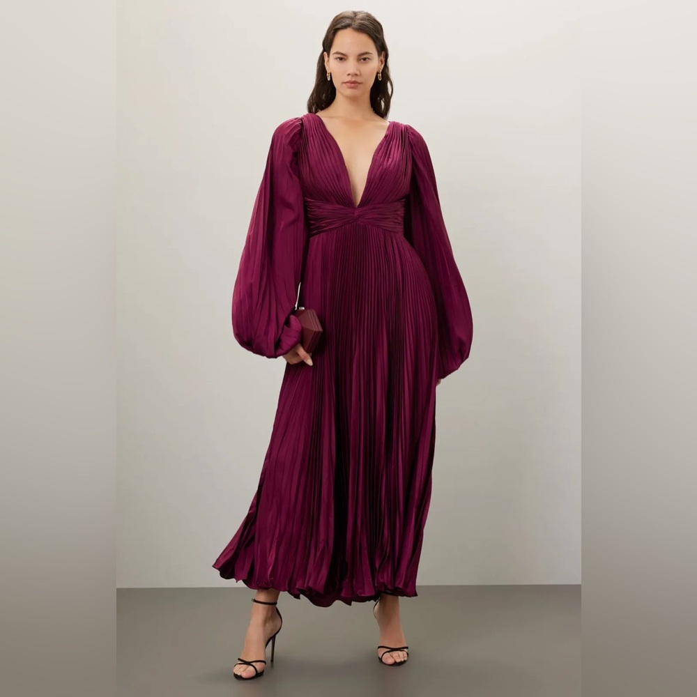 Ieena for Mac Duggal burgundy pleated charmeuse gown